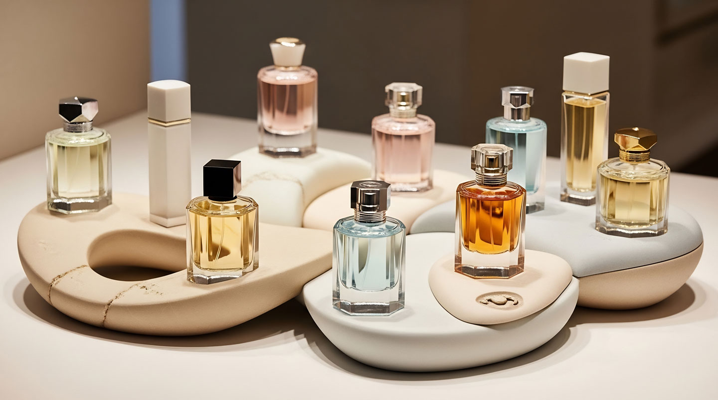 Composition de quatre flacons de parfum de designs variés disposés sur surface en marbre blanc avec lumière naturelle créant des reflets dorés