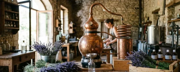 Alambic en cuivre traditionnel en fonctionnement dans un atelier de distillerie provençale, avec vapeur s'échappant du col de cygne et bouquets de lavande fraîche au premier plan sur une table de travail en bois