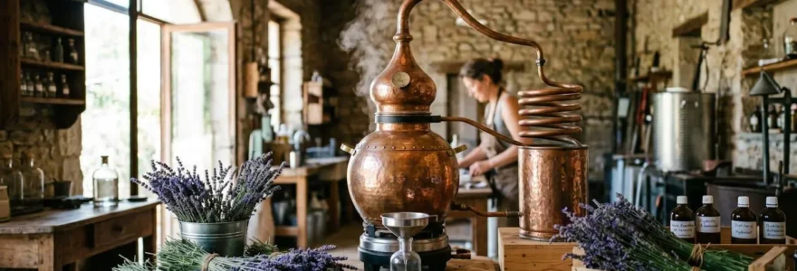 Alambic en cuivre traditionnel en fonctionnement dans un atelier de distillerie provençale, avec vapeur s'échappant du col de cygne et bouquets de lavande fraîche au premier plan sur une table de travail en bois