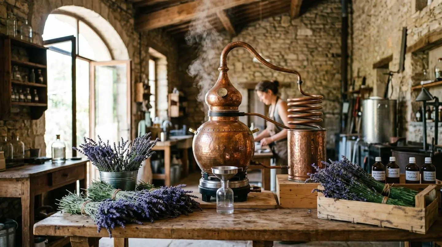 Alambic en cuivre traditionnel en fonctionnement dans un atelier de distillerie provençale, avec vapeur s'échappant du col de cygne et bouquets de lavande fraîche au premier plan sur une table de travail en bois