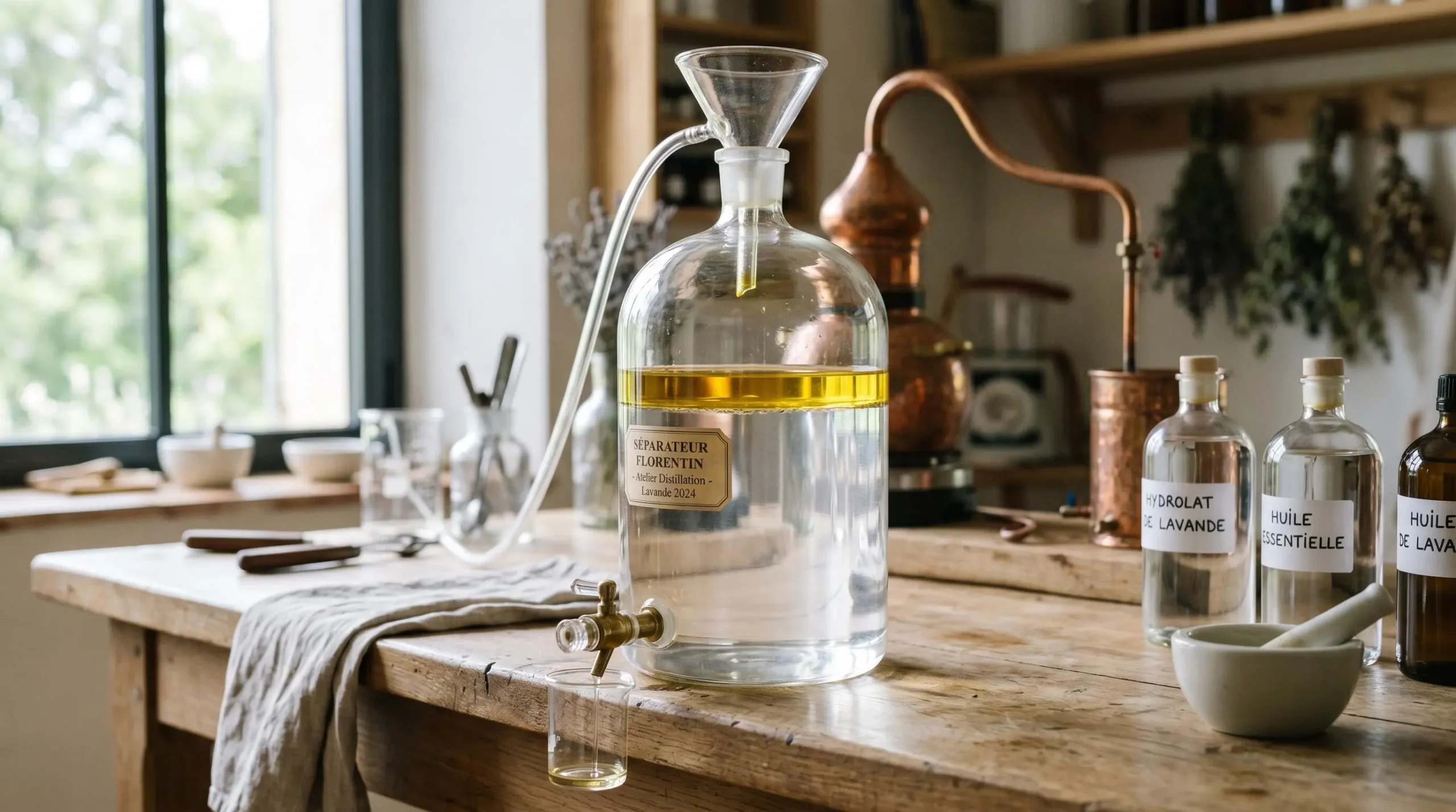 Essencier florentin en verre transparent montrant la séparation entre l'huile essentielle dorée en surface et l'hydrolat transparent en phase inférieure, posé sur un plan de travail de distillerie