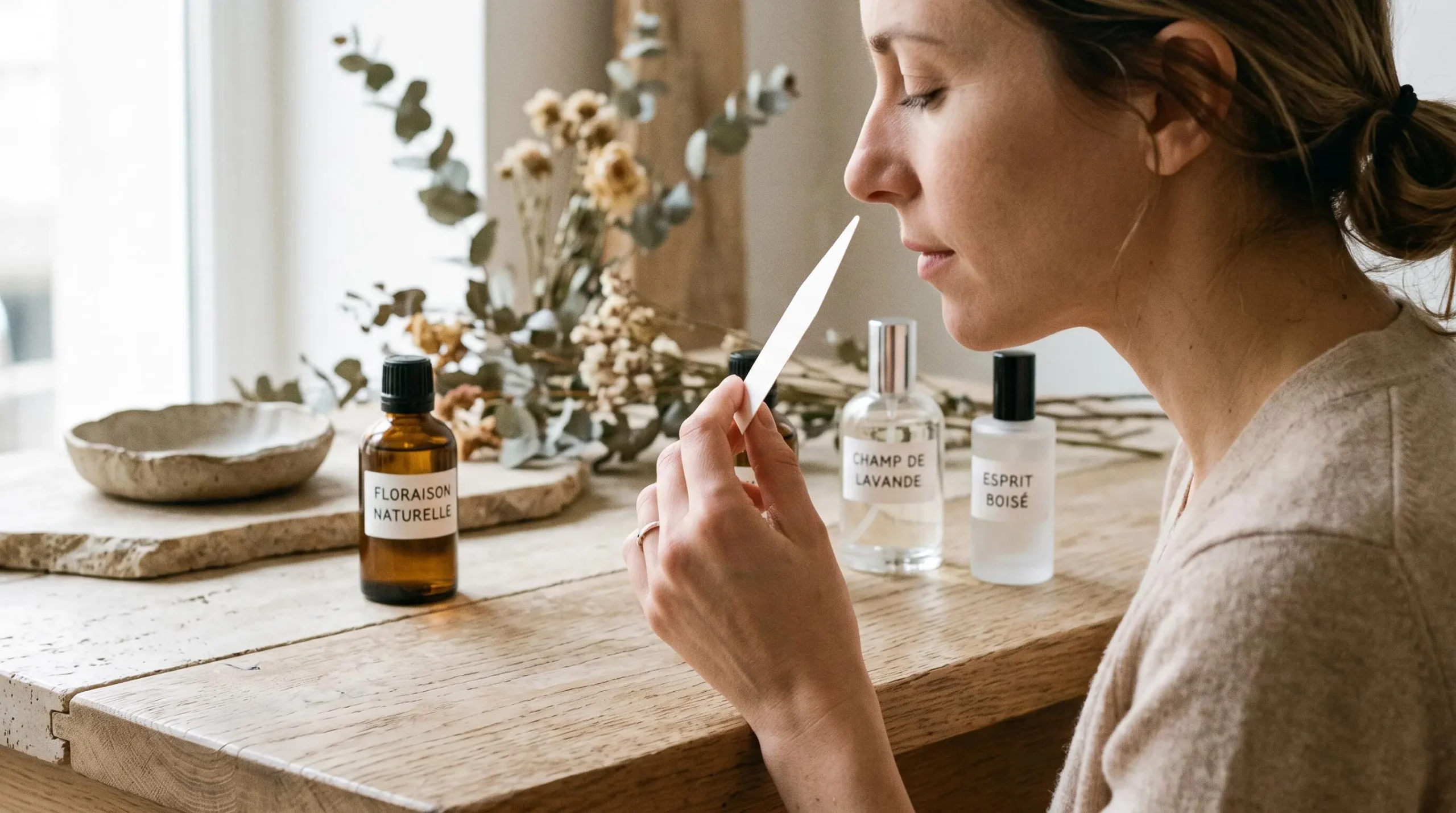 Main tenant une mouillette de parfum près du nez pour tester une fragrance, avec flacons en arrière-plan sur surface claire