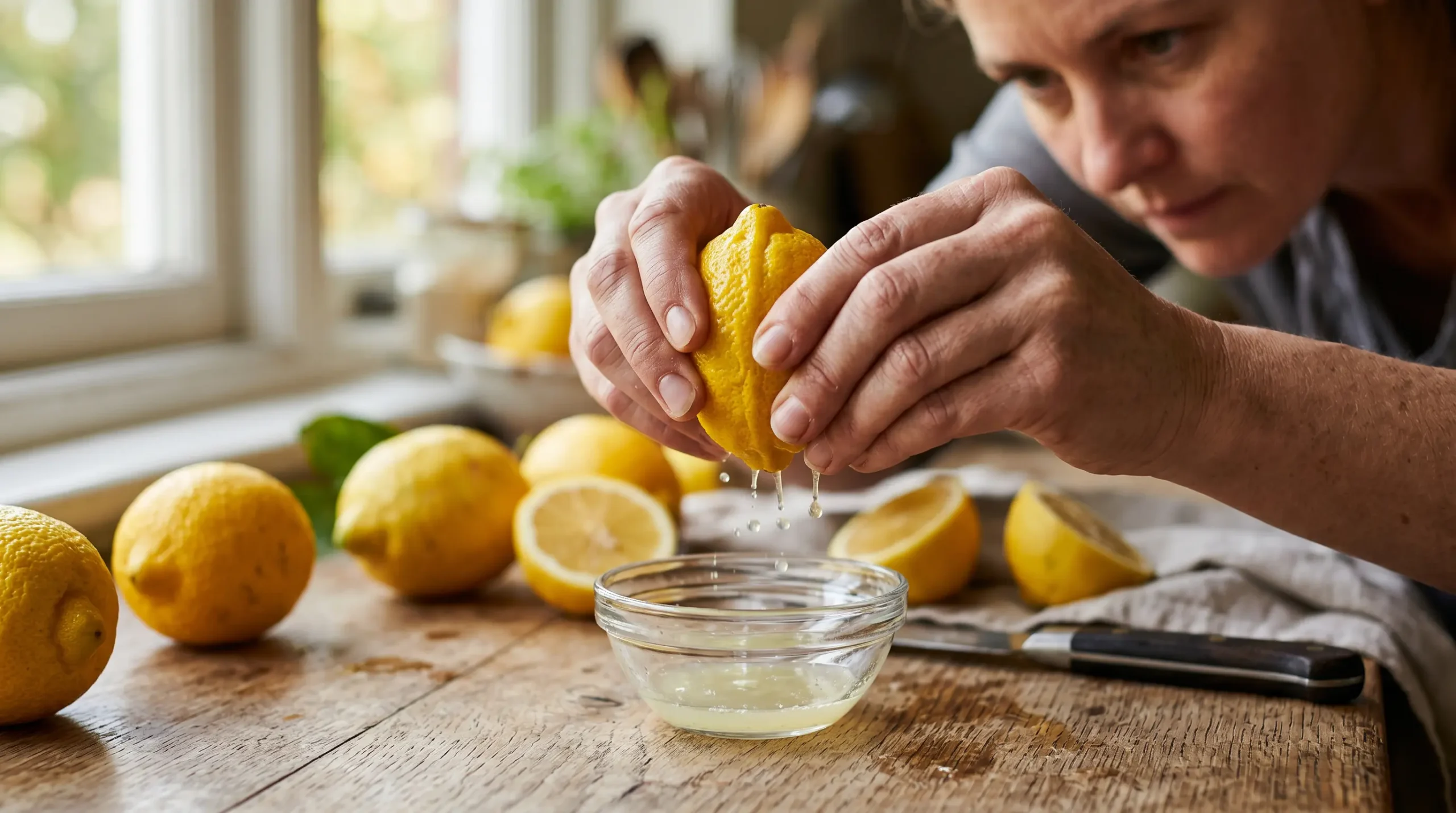 Mains pressant un zeste de citron jaune frais au-dessus d'un récipient en verre, avec gouttelettes d'essence d'agrume visibles s'échappant de l'écorce, citrons entiers disposés sur plan de travail en bois