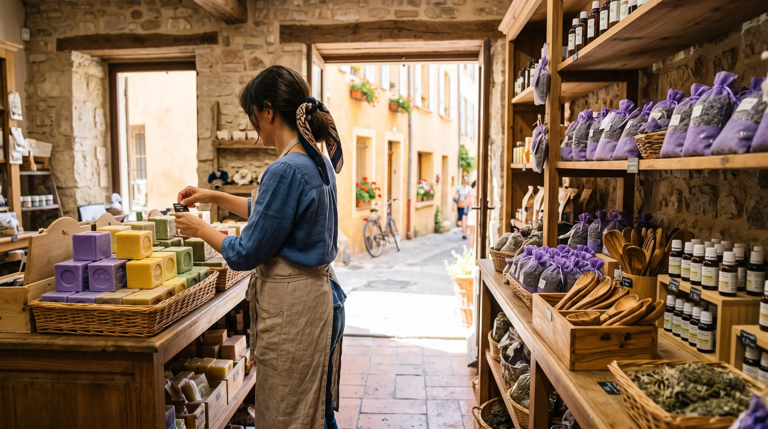 Une gérante dispose des savons et des sachets de lavande sur les étagères de sa boutique de souvenirs provençaux baignée de lumière.