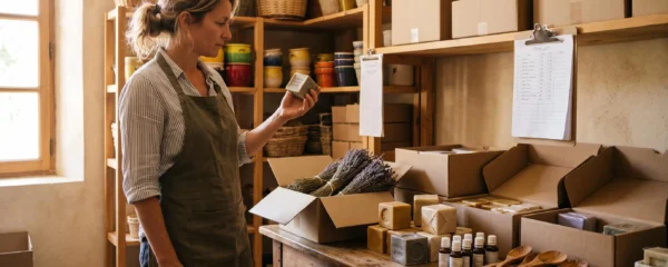 Une gérante de boutique examine une livraison de savons et de produits provençaux dans la réserve de son magasin.