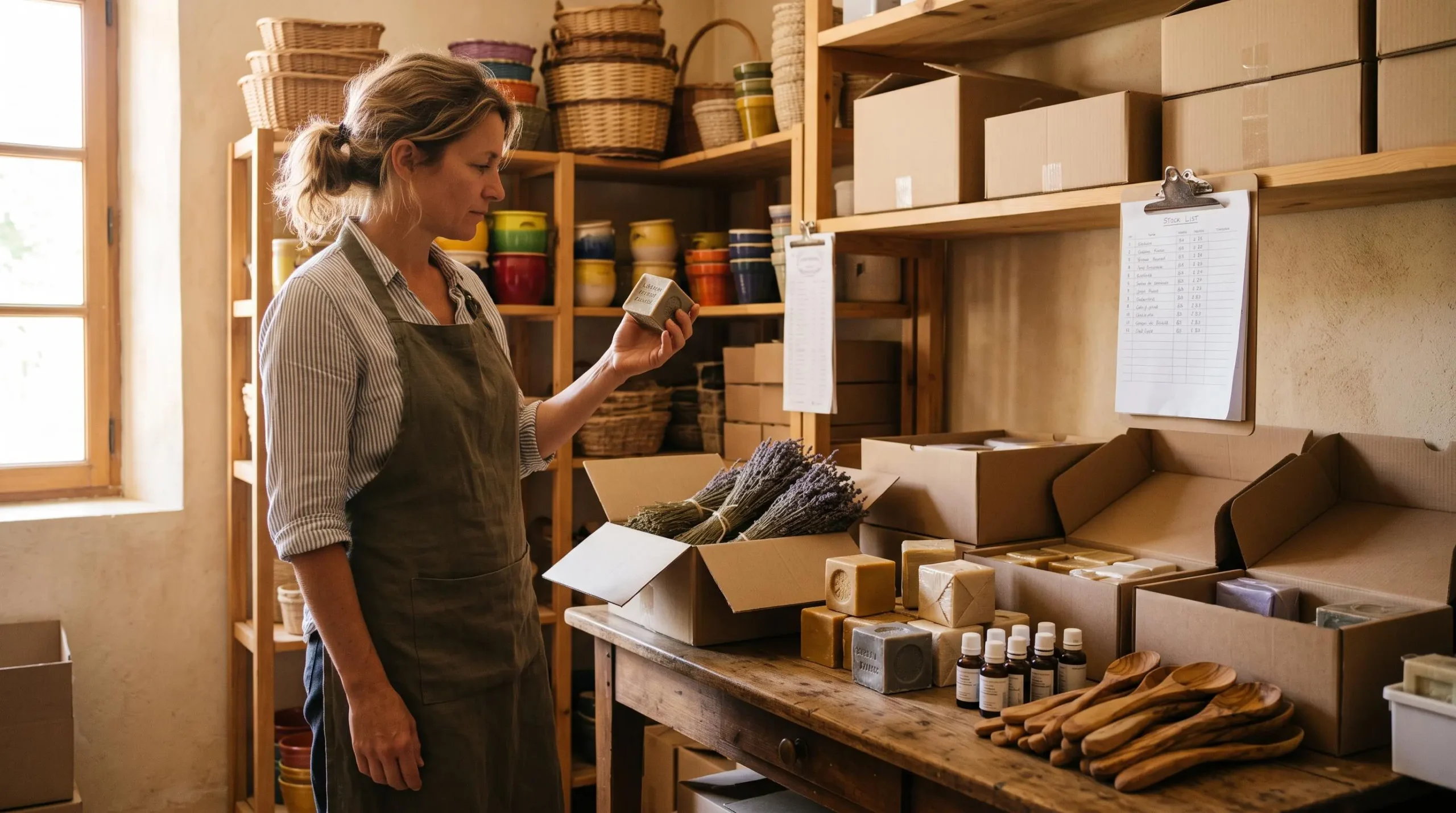 Une gérante de boutique examine une livraison de savons et de produits provençaux dans la réserve de son magasin.