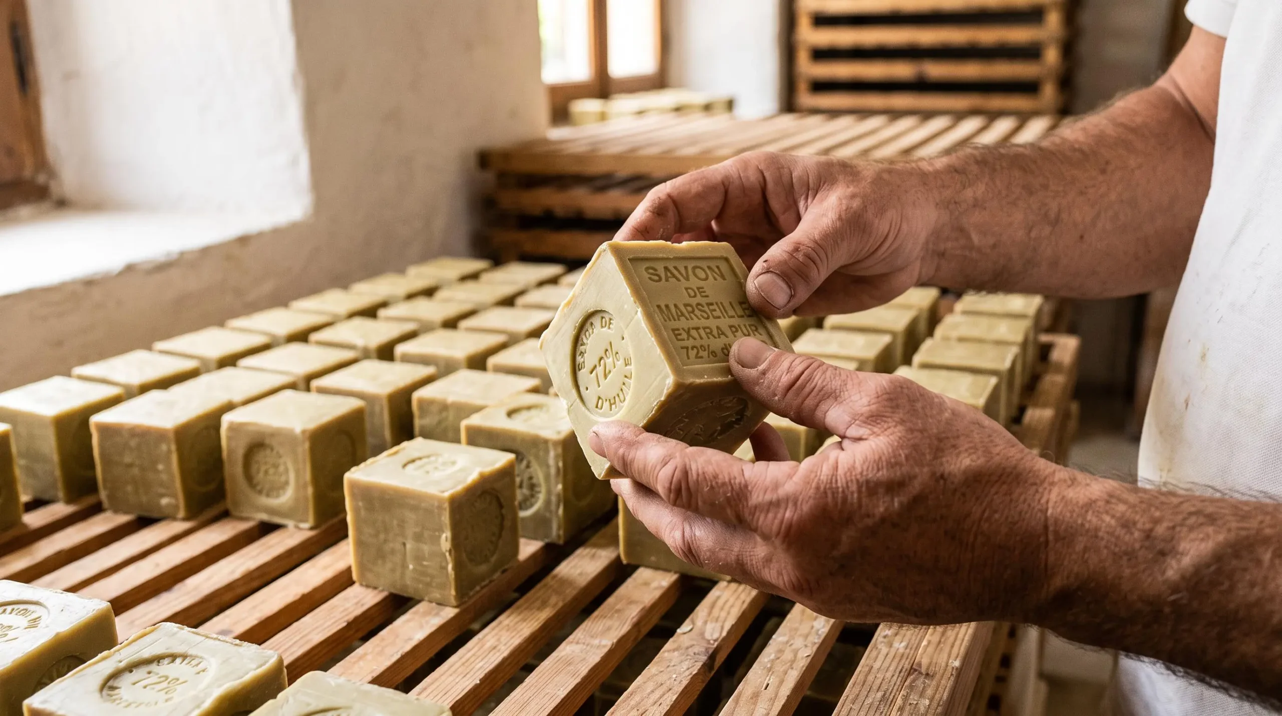 Des mains d'artisan tiennent un savon de Marseille artisanal au-dessus d'un rack de séchage dans un atelier provençal.