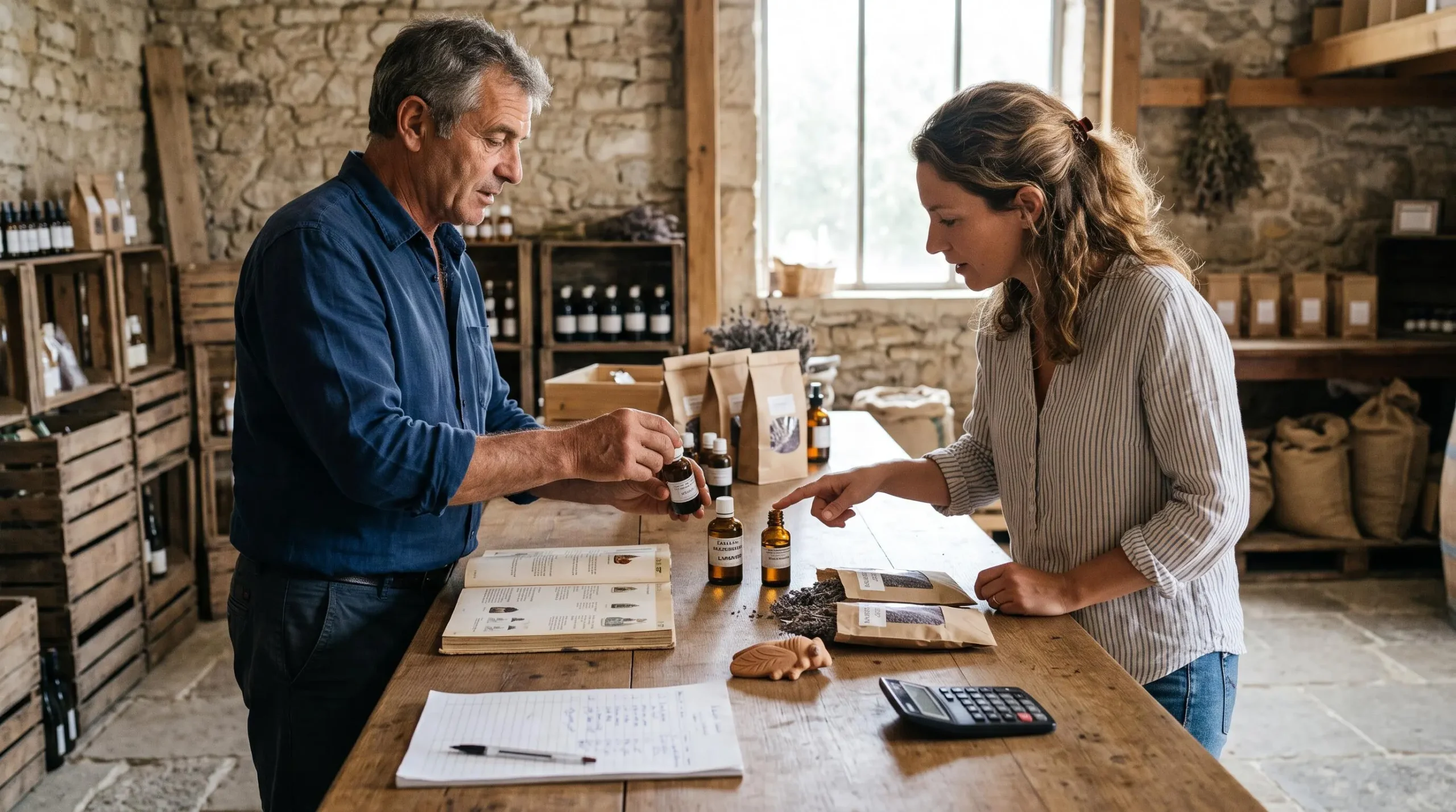 Un fournisseur présente des échantillons de produits provençaux à une gérante de boutique de part et d'autre d'un comptoir en bois.